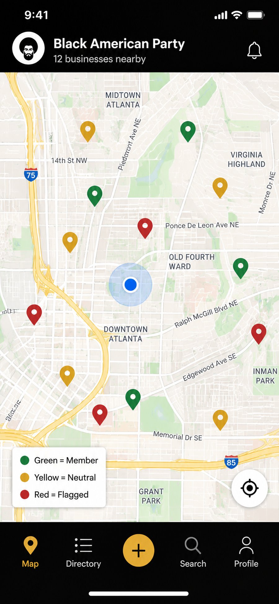 Black Dollar map view with green, yellow, and red business pins